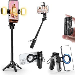 CloudValley Upgraded Magnetic Mini Selfie Stick Tripod with 2 Fill Lights, 4-in-1 Pocket Size Phone Tripod with 360 Rotation, Rechargeable Bluetooth Remote, Foldable Grip for iPhone Vlog Photo Video