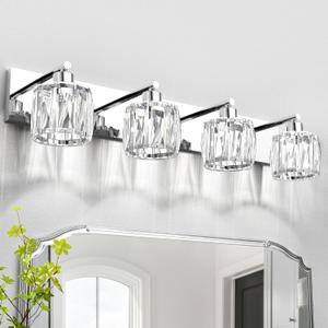 VOLISUN Crystal Vanity Lights for Bathroom, 4 Light Modern Stainless Steel Bathroom Light Fixtures Over Mirror, Chrome Bathrooms Lights Fixtures - UL Certificated (Exclude Bulb)
