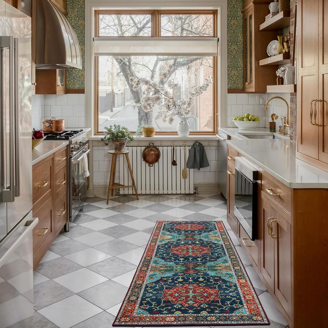 WILLSUN Washable Area Rugs, 2x6 Non-Slip Boho Area Rugs for Kitchen, Living Room, Bedroom, Machine Washable Vintage Rug, Indoor Floral Print Carpet for Home Decor, Kid & Pet Friendly Mat (Brick Red)