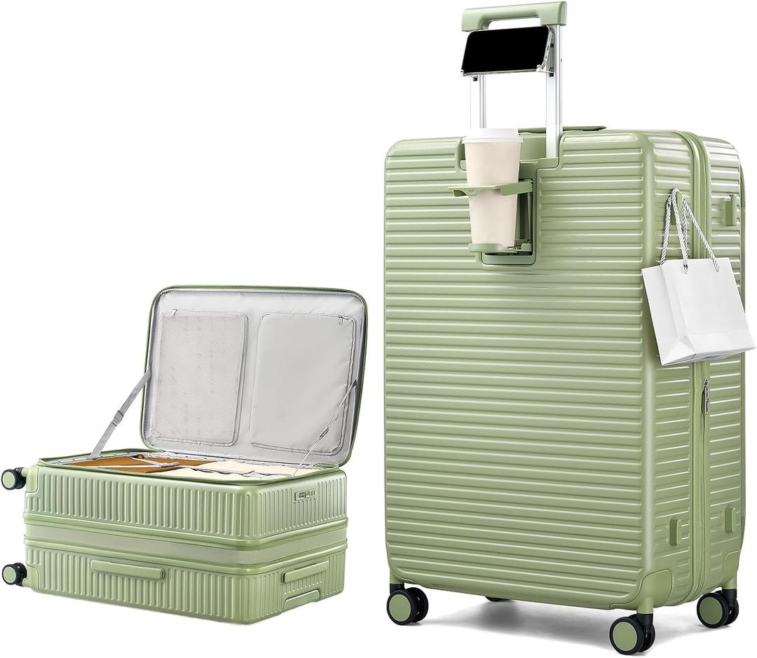 HanTrip Hard Shell Suitcases 28 Inch Large Checked Luggage with Spinner Wheels Cup Holder, Expandable Check in Luggage Lightweight Top Opening Luggage Big Rolling Suitcase with Lock, Bamboo Green