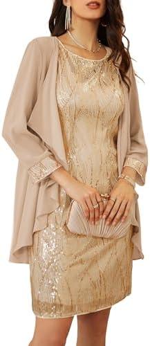 GRACE KARIN Women's Sequin Dress - Wedding Guest & Mother of The Bride Formal Dress - Two Piece Knee Length Small, Champagne Gold
