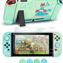 DLseego Protective Case Design for Switch Model, Newest Pattern Animal Crossing Design Cover Case with 2 Pcs Glass Screen Protectors and 4 Pcs Cute Thumb Grip Caps Green Accessories Set
