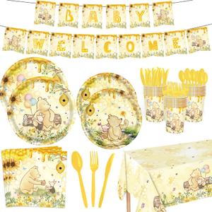 142pcs Classic Bear Baby Shower Decorations Baby Shower Party Tableware with Plates, Napkin, Forks, Cups Banner And Tablecloth for Birthday Party Supplies Set Serves 20 Guests