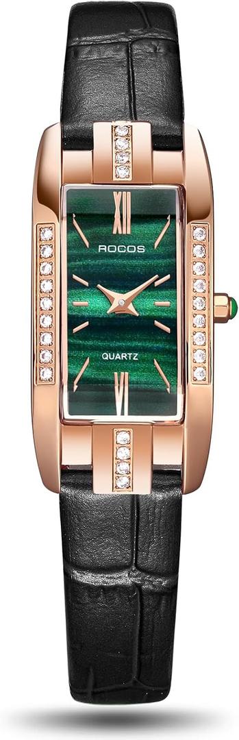 Elegant Women's Watch - Red/Green Dial Leather Strap Rose Gold Case, Quartz Analog Dress Watch, Waterproof Fashion Ladies Wristwatch Gift for Women RW0209S