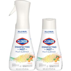 Clorox Disinfecting Mist, Lemongrass Mandarin, Household Essentials, 1 Sprayer Bottle and 1 Refill, 16 Fl Oz Each