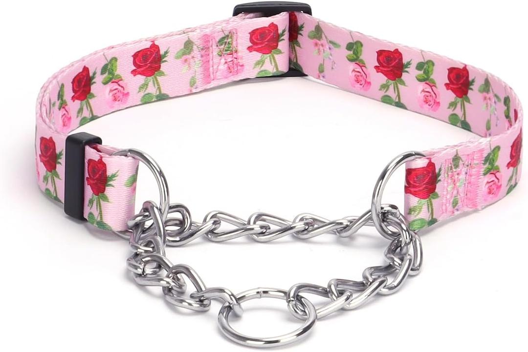 Martingale Dog Collar with Stainless Steel Chain - Limited Chain Cinch Training Collar for No Pull Training Dog - Flower Multicolor Cute Patterns - Premium No Slip Collar (M, Roses)
