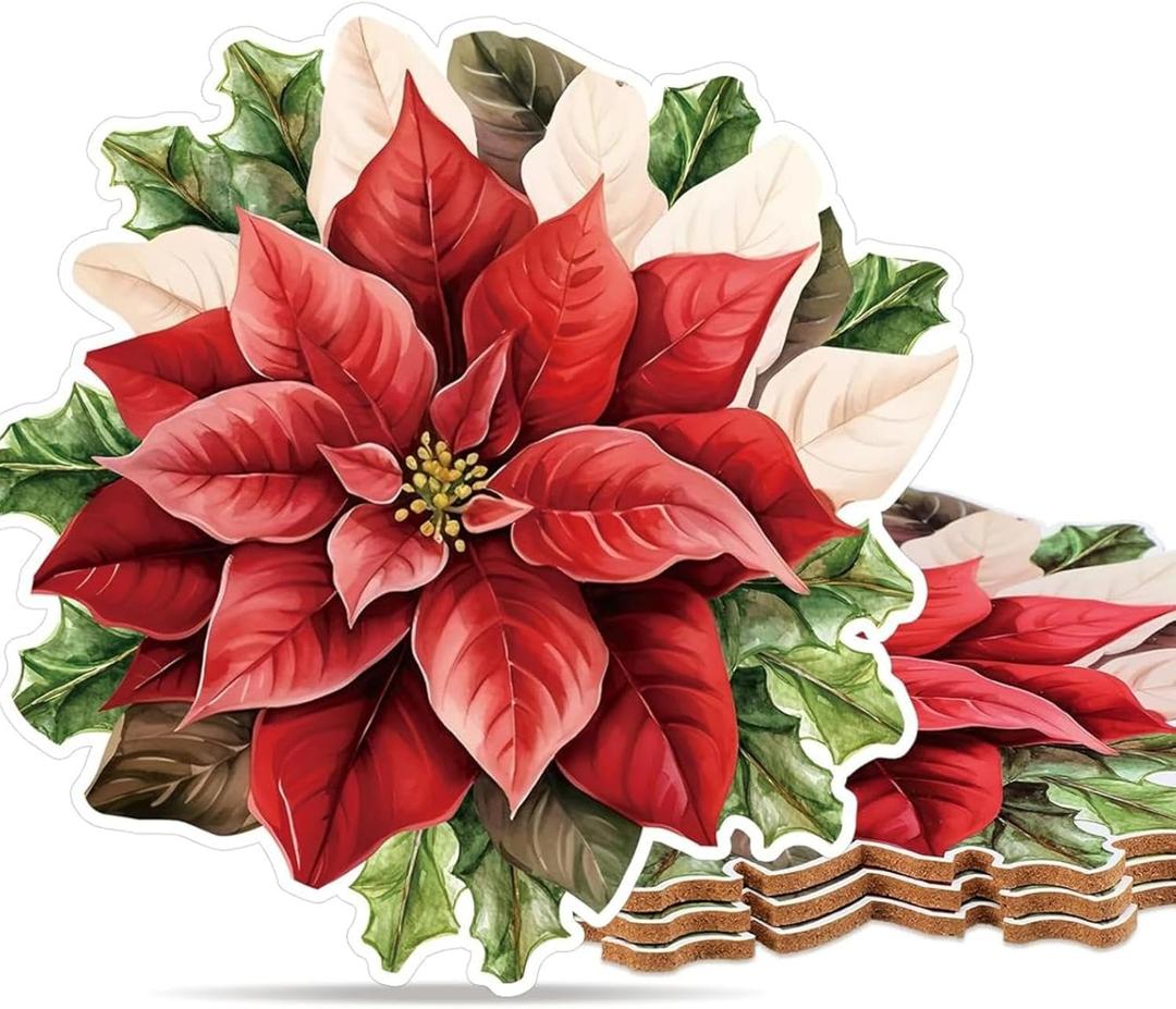Nuanchu Set of 4 Christmas Cork Placemats Poinsettia Seasonal Winter Christmas Red Poinsettia Flower Cork Backed Place Mats Table Decorations for Home Dining Holiday, 12.6 x 11.8 Inches