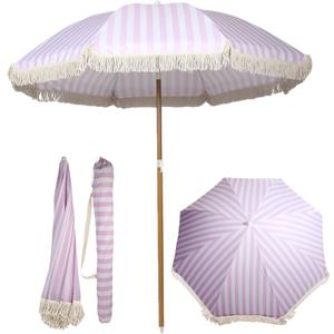 Bohemian Outdoor Umbrella with Tassels, 6 ft Beach Umbrella with Fringe, Adjustable Angle & Height, Portable Outdoor Sun Shade for Patio, Pool, Garden, Backyard
