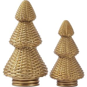 DN DECONATION Gold Christmas Tree Figurines, Natural Rattan Style Tabletop Christmas Decor, Set of 2 Resin Xmas Trees for Home, Mantel, Desk, Holiday Centerpiece