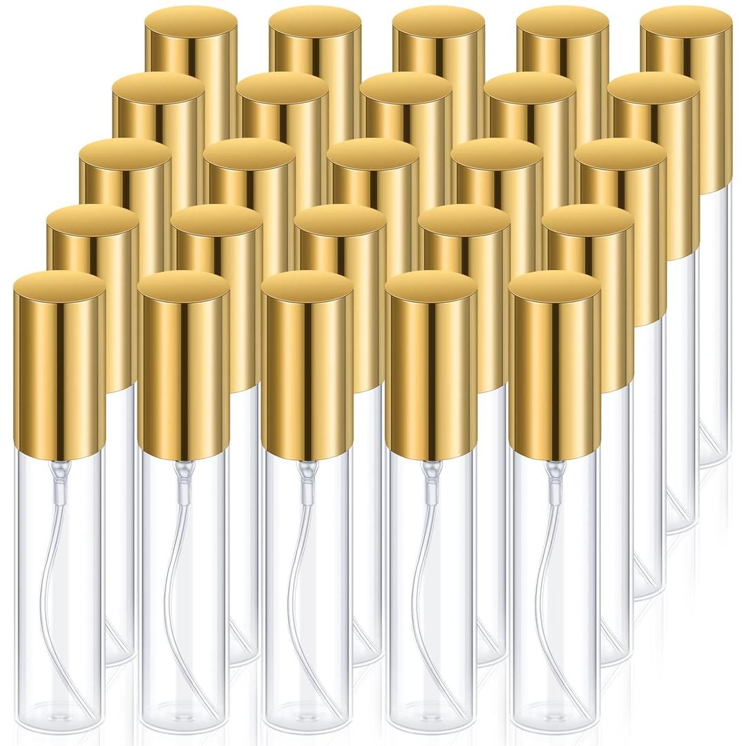 Yinder 25 Pcs 10 ml Glass Refillable Perfume Bottles Bulk Travel Empty Perfume Atomizer Sprayers Portable Spray Bottles Mini Sample Fragrance Containers, Gold