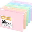 Sooez Tear-Resistant Plastic Hanging File Folders Letter Size, 50 Count File Organizer Suitable for File Cabinet Filing Cabinets, 1/5-cut Adjustable Tabs for Office, School, Pastels Colors, Pink