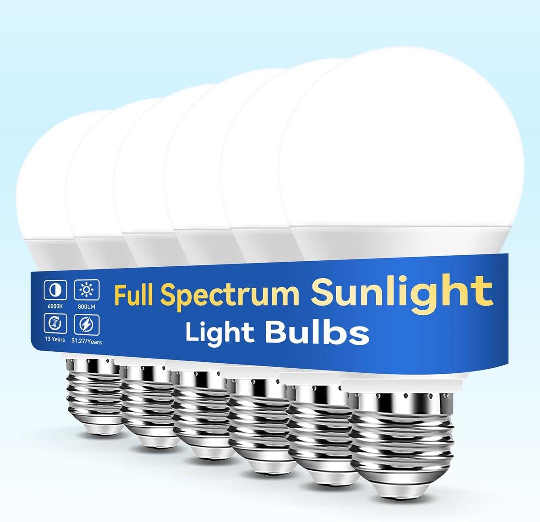 Neporal Full Spectrum Light Bulb, 6000K UV-Free Daylight Sunlight Light Bulbs, 9W (60W Equivalent) LED CRI 90, Flicker-Free, 30,000 Hrs Lifespan, E26/E27 Natural Light Bulb for Home & Office - 6PK (6 Count (Pack of 1), White)
