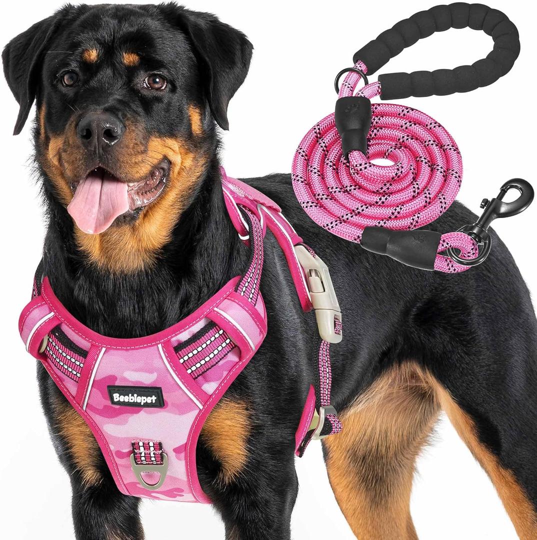 Heavy Duty Tactical Dog Harness for Large Dogs, No Pull Adjustable Pet Harness Reflective Service Training Easy Control Pet Vest Military K9 Working Dog Harnesses- Large, Pink Camo