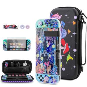 FUNDIARY Black Carrying Case for Nintendo Switch, Cute Mushroom Accessories Bundle for Switch Console with Travel Case Pouch, Dockable Protective Cover, Screen Protector, Shoulder Strap & 2 Thumb Caps