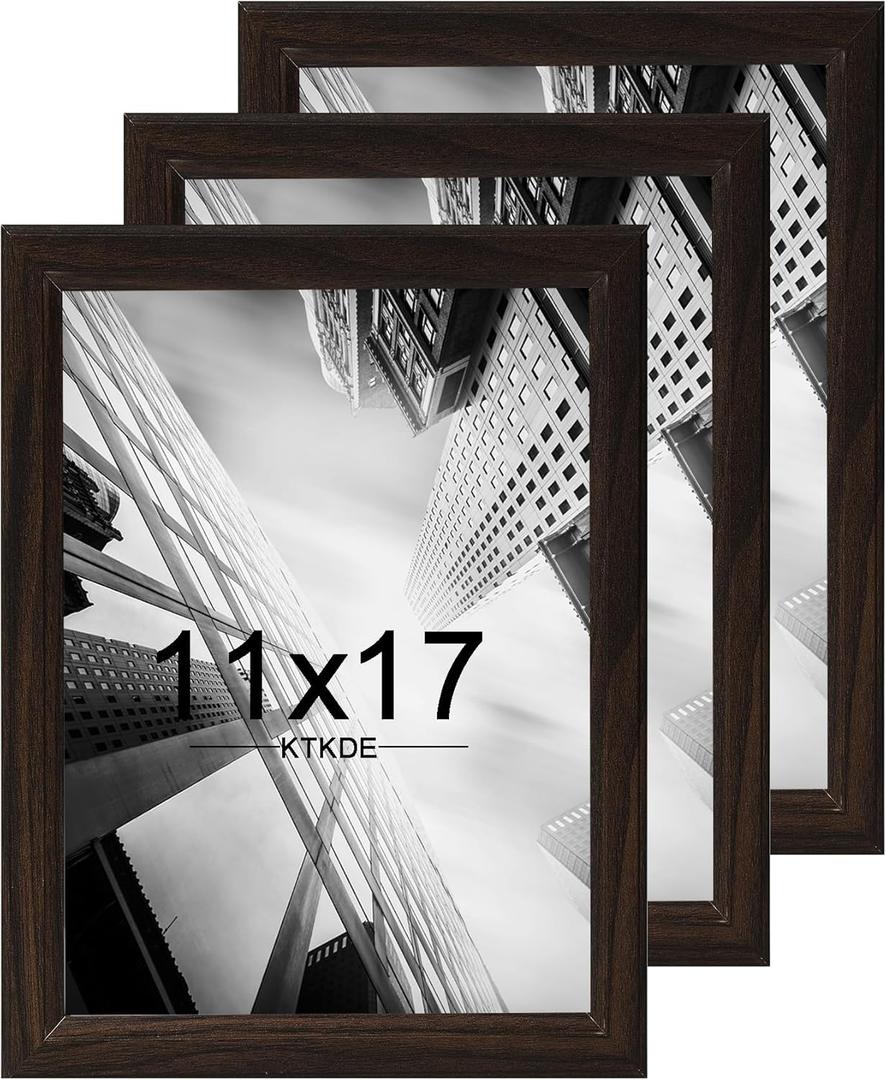 KTKDE 11x17 Picture Frame Set of 3,Walnut Wooden frames, Vertical & Horizontal Wall Hanging for Wall Display,Studio Gallery Photo Frame for Photos, Posters & Art Prints