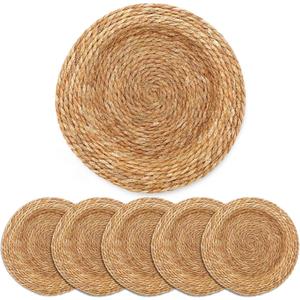 LemonRoad 13 Inch Boho Placemats Set of 6 Large Round Farmhouse Chargers Plate Mats Cattail Weave Woven Table Mats for Dining Plates Rustic Home Kitchen Wedding Party Table Decor