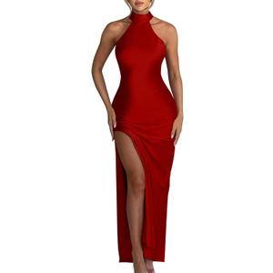 Memoriesea Women's Sexy High Split Sleeveless Backless Party Wedding Maxi Dress (Medium, Red)