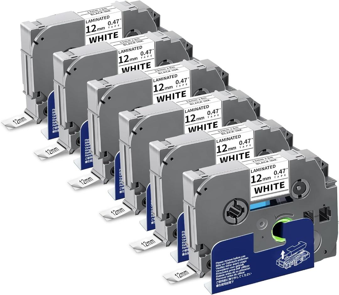 6-Pack TZe-231 Label Tape TZ Tape 12mm 0.47 Laminted White Compatible for Brother Ptouch Label Maker Tape TZe231 TZe-2312pk TZ-231 Refills for P Touch PT-D210 PTD220 H110 D610BT D400, 1/2" x 26.2 ft