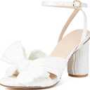 Lovee Cosee Women's Bow Knot Heeled Sandals Pleated Open Toe Ankle Strap Chunky Heels for Bride Wedding Size 8.5