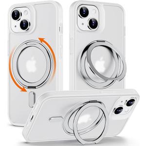 360 Rotatable Magnetic Ring Kickstand for iPhone 15 Case [Non-Slip Texture Edge] [Compatible with MagSafe] [Military Shockproof] Translucent Matte Soft Silicone Bumper Slim Cover, 6.1'', White