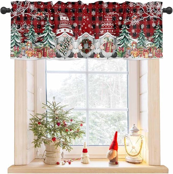 Litter Star Christmas Gnome Window Valance Rod Pocket Valanses for Kitchen Bedroom Window Merry Xmas Hat Valances Short Curtain Bathroom Treatment Drapes Rustic Wood Plank 2 Pack