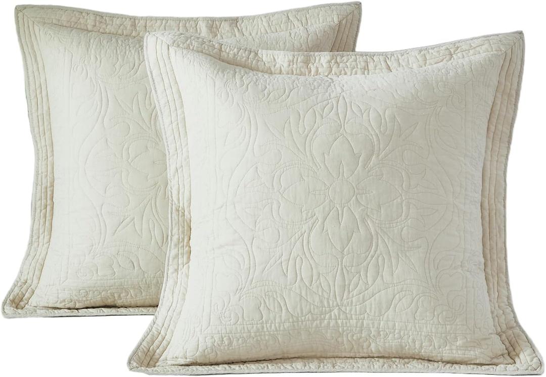WINLIFE 100% Cotton Quilted Euro Sham Covers, 2 Pack Cotton 26'' x 26'' Pillow Covers, Soft and Breathable Euro Shams, Square Pillow Shams, Beige