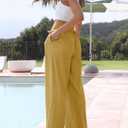 Faleave Women's Cotton Linen Summer Palazzo Pants Flowy Wide Leg Beach Trousers with Pockets (Yellow, S)
