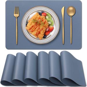 Blibalaskr PVC Heat Resistant Placemats Set of 6, Waterproof Wipeable Floor Place Mats, Non-Slip Easy Clean Table Mats for Kitchen Table Decor, 12x18 Inch (Blue)