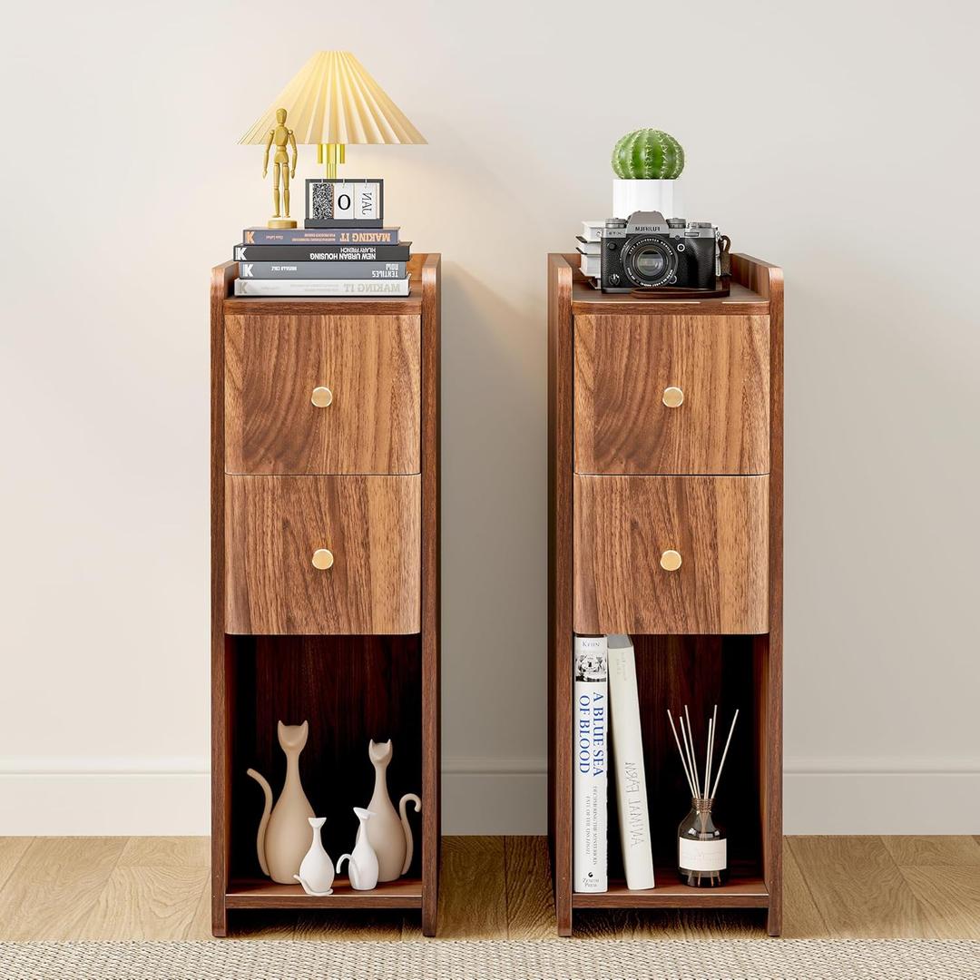 Narrow Nightstand Set of 2, Wooden Small 2 Drawer Nightstand, Slim Side End Table, Skinny Bedside Table, Mid Century Modern Night Stand with Drawers, for Bedroom (Walnut-2pcs)