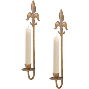 Fleur De Lis Wrought Iron Candle Sconces Set of 2, Rustic Candle Holders Hanging for Living Room Farmhouse Fireplace Wedding (Antique Copper)
