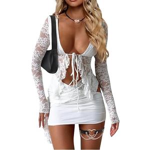CSDAJIO 2 Piece Outfits for Women Floral Lace Open Front Tie Up Long Sleeve Crop Top Blouse Shirt and Mini Skirt Set, Medium