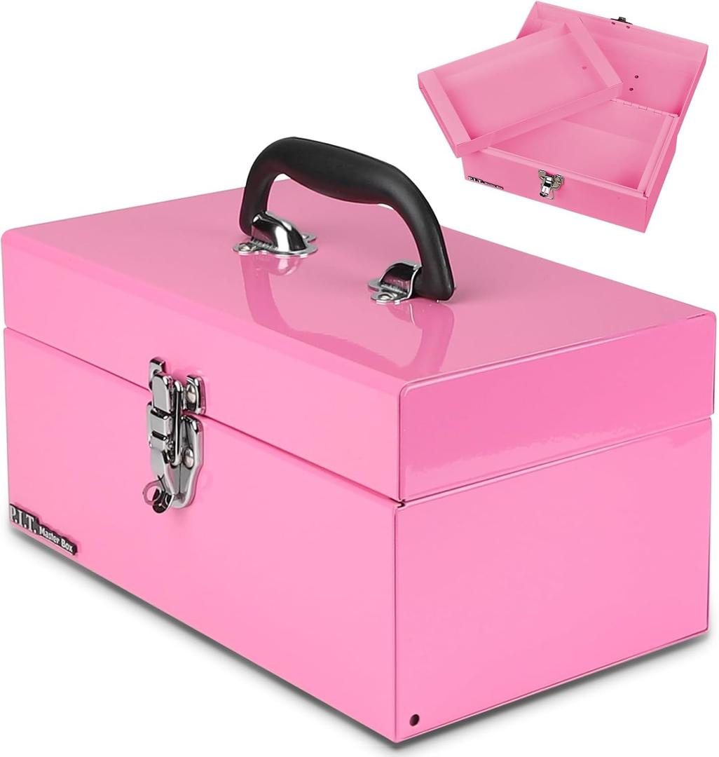 P.I.T. 12 Inch Tool Box,Portable Small Steel ToolBox with Metal Latch Closure for Household, Warehouse,Tools Storage,Pink
