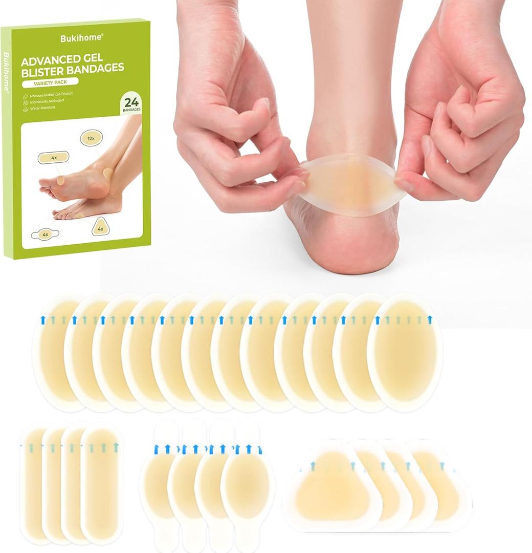 Bukihome Hydrocolloid Gel Blister Bandages - Waterproof Adhesive Blisters Bandages - 16Pcs Blister Pads for Heel, Foot, Toe, Feet - Gel Blister Chshions for Prevention & Recovery (Variety Pack)