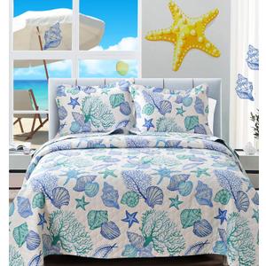 CHESITY Beach Quilts Twin Size 3-Piece Reversible Ocean Bedspread Coastal Bedding Set Summer Lightweight Starfish Seashell Conch Coverlet Set Bedding Cover Conch Sheet(68"x86") (Light White Blue)