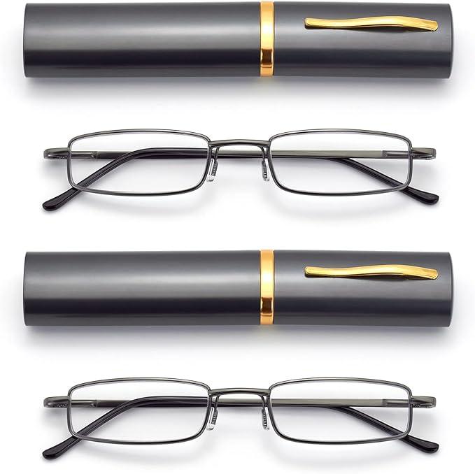 Slim Pocket Reading Glasses Men Women, Compact Readers Super Clear Lens, Spring Hinge Metal Frame Eyeglasses 2.0 x