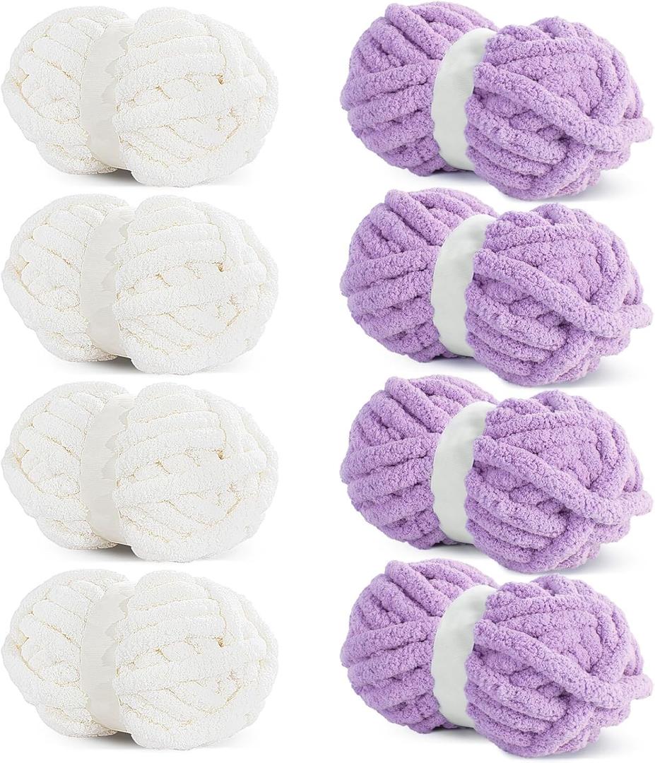 HOMBYS Chunky Chenille Yarn for Crocheting, Super Bulky Jumbo Yarn for Hand Knitting, 3/4" Thick Soft Plush Yarn for Blankets, 8 Skein Pack (27 yds / 8 oz Each), Multi Assorted Cream Purple