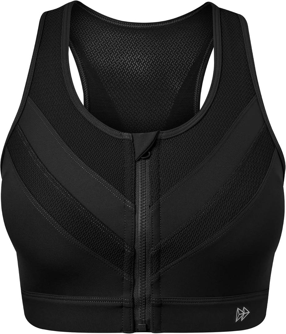 Yvette High Impact Zip Front Closure Sports Bras, Support for Large Bust Women, Supportive Comfortable (X-Large, Black)