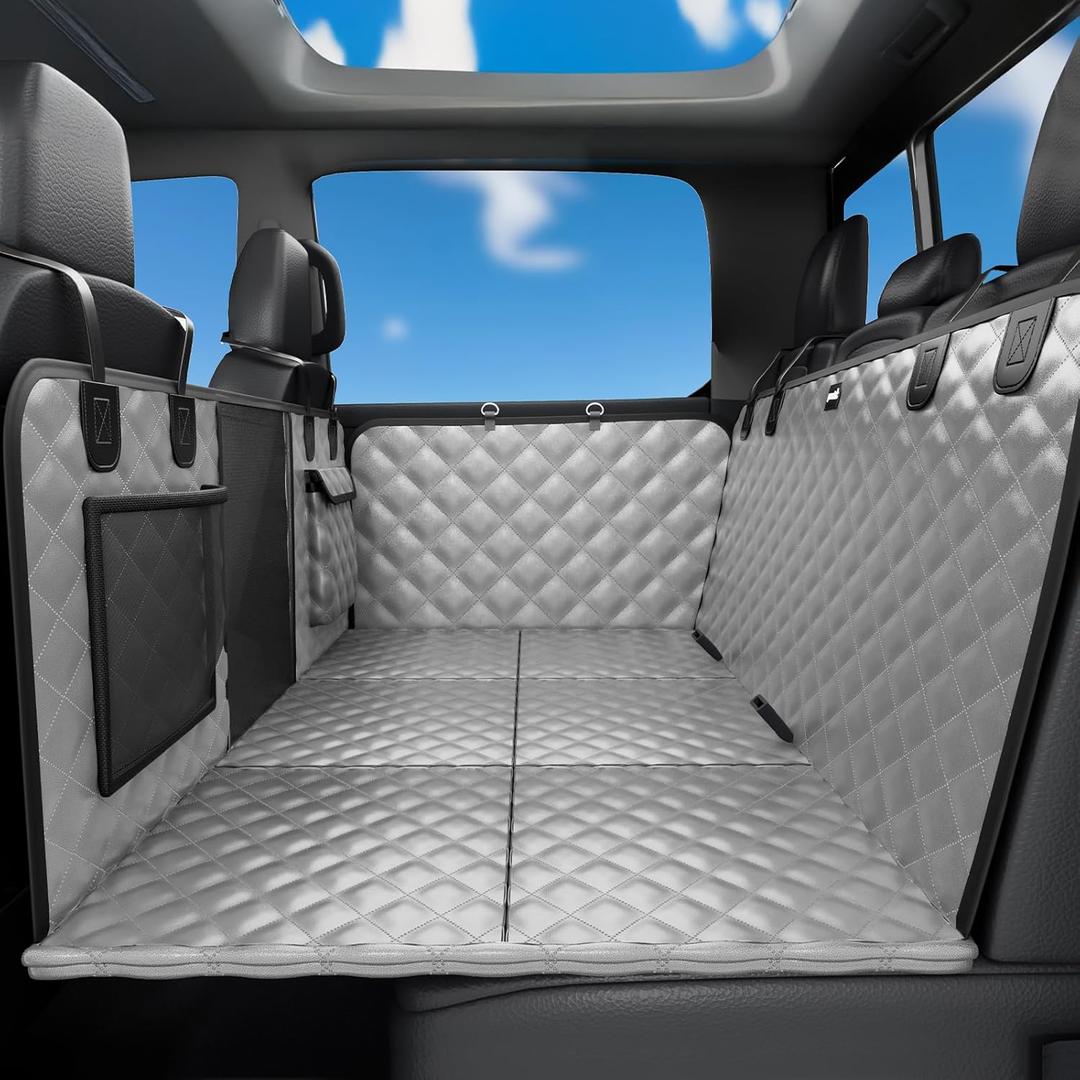 Pecute Back Seat Extender for Dogs 57 * 28.7 in, Upgraded Sofa Leather Dog Car Seat Cover for Back Seat, Foldable in the Car, Hard PVC Panels Bottom Support to 330 lbs, for Full Size Truck/SUV