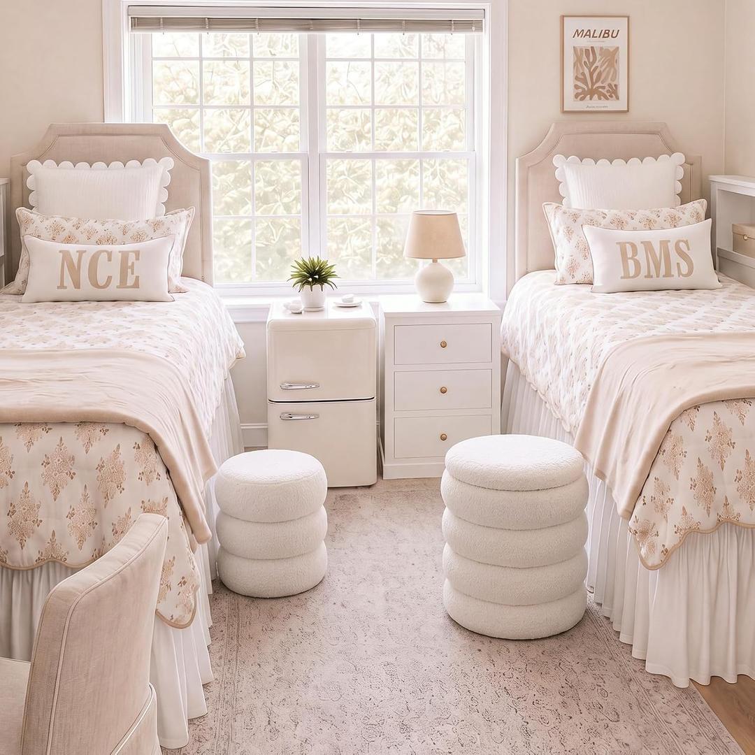 Vercraft 2 Pack Boucle Round Ottoman with Storage for Dorm,Creamy White