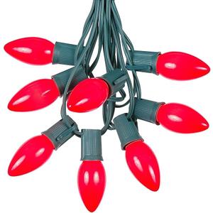 25 Foot C9 Red Ceramic Christmas String Light Set - Outdoor Christmas Light String -  Opaque Christmas Bulbs - Roofline Light String  Outdoor String Lights - Green Wire