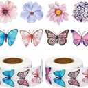 3 x Butterfly Roll Stickers, 1000 Pcs 16 Styles Waterproof Spring Floral Sticker Colorful Paper Decals for Scrapbooks Envelopes Party Supply Decoration