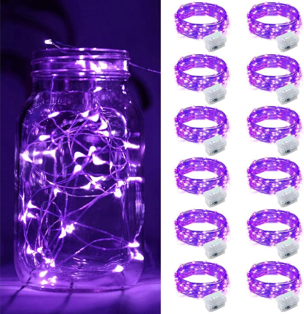 12 Pack Fairy Lights Battery Operated, 7ft 20 Mini LED Silver Wire Twinkle Lights for DIY, Parties, Wedding, Bedroom, Christmas Decoration (Purple)