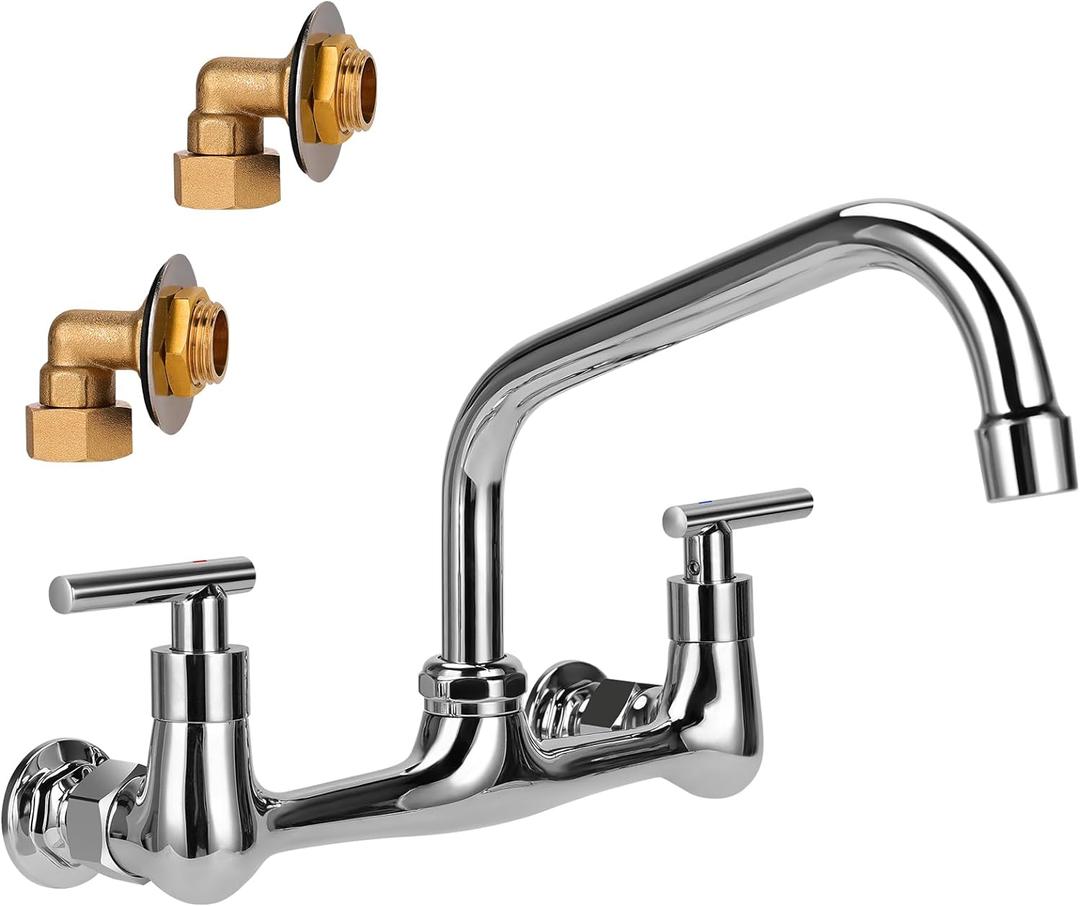 8" Center Wall Mount Faucet, Commercial Kitchen Sink Faucet with 8" Swivel Spout 2 Handle Wall Mount Utility Sink Faucet for Restaurant & Laundry Room & Compartment Sink