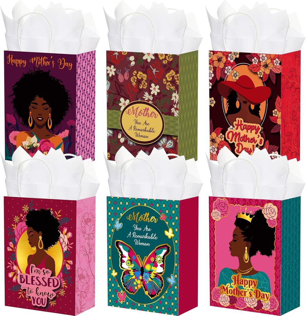 Sweetude 24 Pcs African American Mother's Day Gift Bags with Tissue Paper, Happy Mother's Day Paper Bags with Handle for Black Women Mom Holiday Birthday Party Favors
