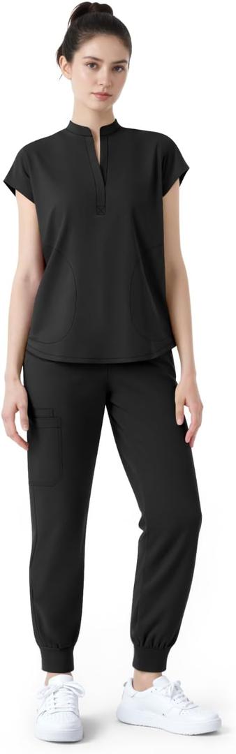 Scrubs for Women Set,Soft Mock Collar Scrub Top & Jogger Scrub Pant,8 Pockets,Relaxed Fit Stretch Nurse Uniform Sets