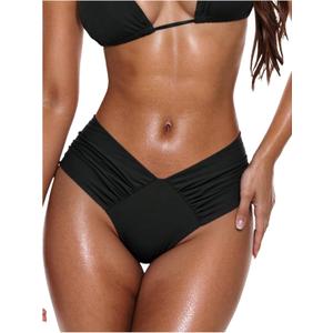 SHENHE Women's V Cut High Leg Ruched Mid Rise Bikini Bottom Swimwear Bathing Suit (Black, S)
