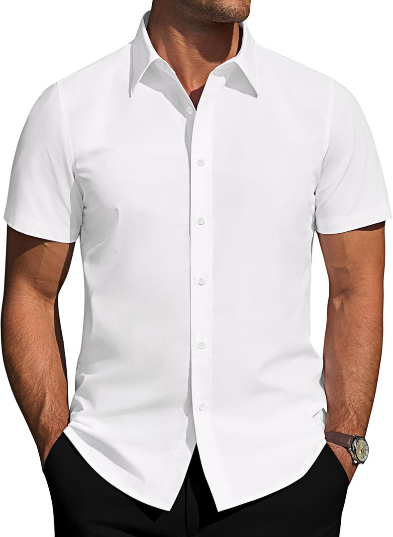 J.VER Mens Short Sleeve Button Down Shirt Stretch Business Casual Dress Shirts Solid Summer Wedding Prom Tops (XX-Large, White)