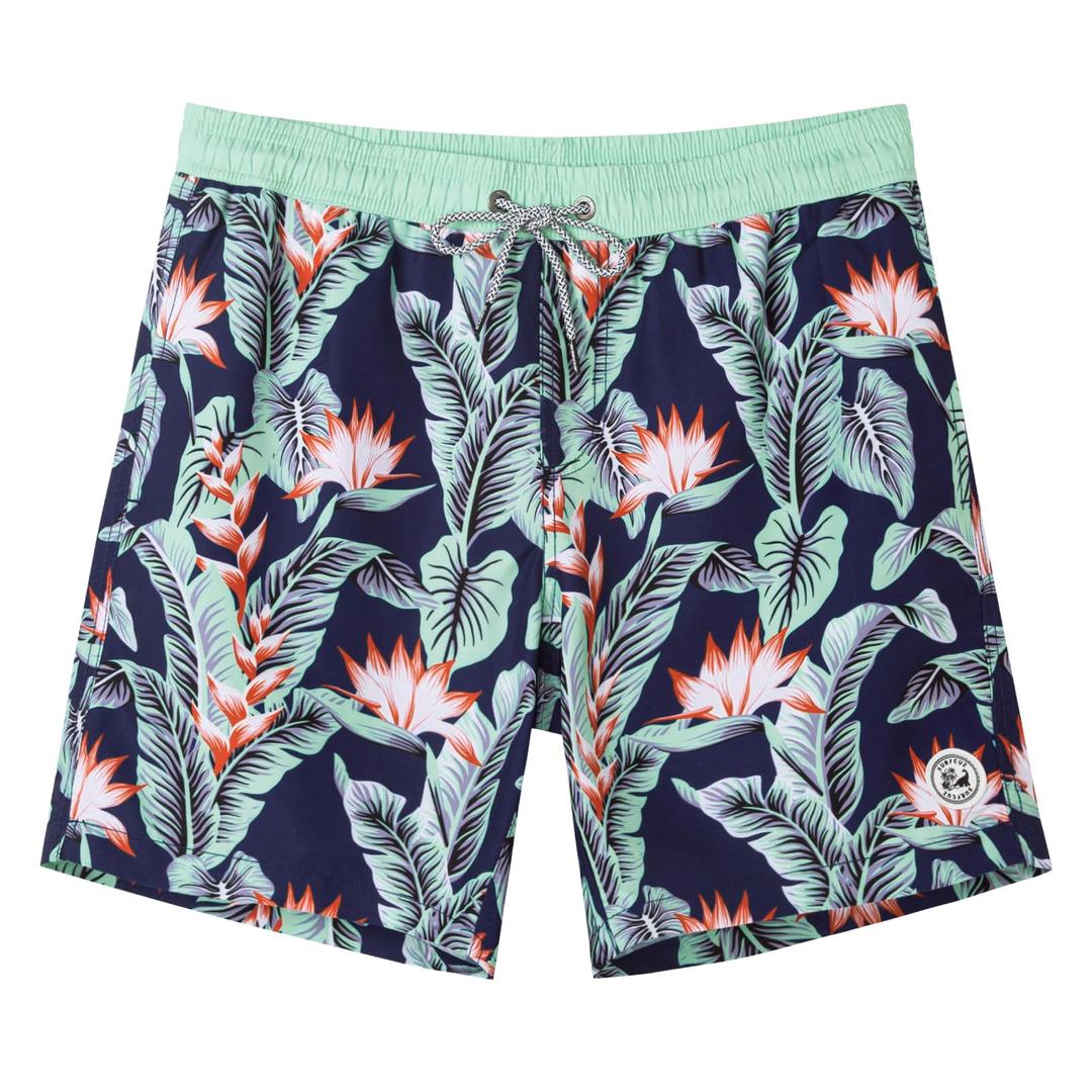 SURF CUZ Mens Swim Trunks 7" Swimming Trunks with Mesh Liner Quick Dry Swim Shorts for Men Swimwear Bathing Suits Pockets,Bird of Paradise,L (Green)