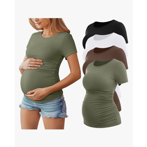 Huukeay 4 Pack Women's Maternity Shirts, Crew Neck Maternity Top Short Sleeve Casual Cotton Tee Side Ruched Pregnancy Clothes Large