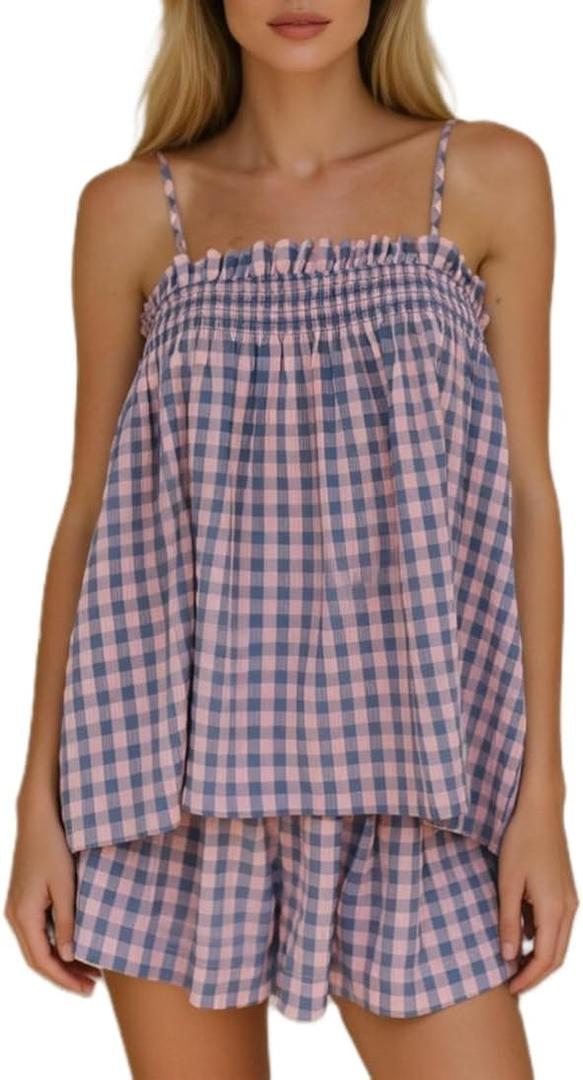 Lordree Women Striped Pajama Set Ruffle Hem Spaghetti Strap Cami Top Wide Leg Shorts Set Y2k 2 Piece Pj Outfits (Pink, M)